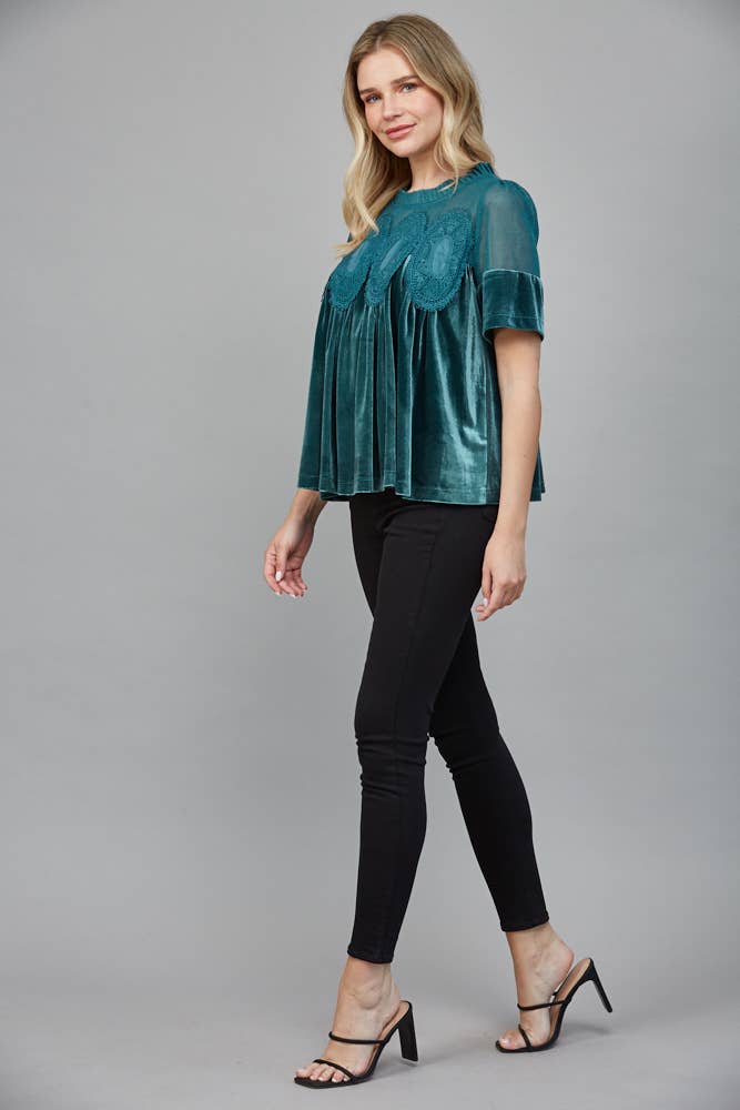LACE DETAIL VELVET BABYDOLL TOP FT25474 : TEAL GREEN / S