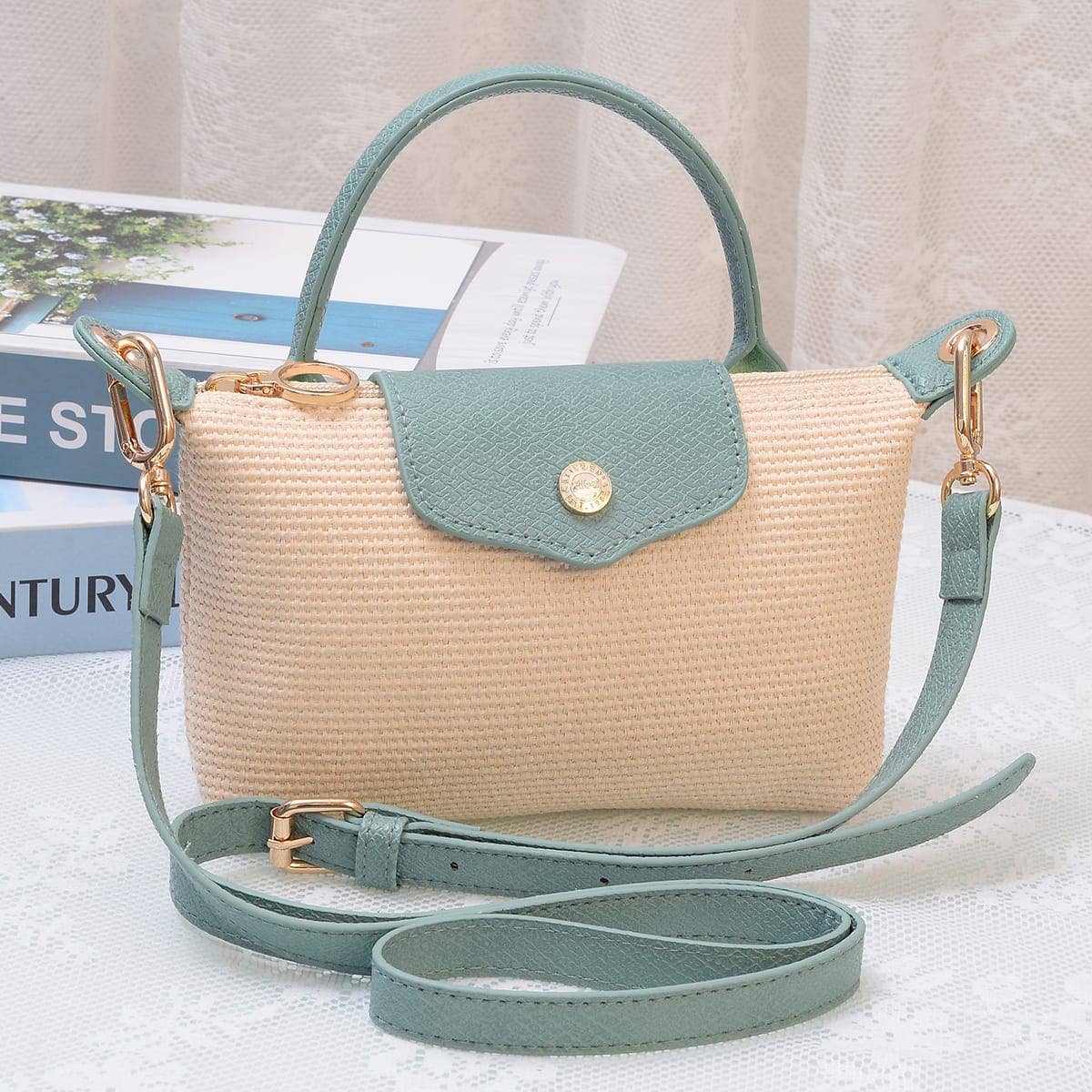 SC781 Lacey Straw Look Woven Fabric Mini Crossbody Bag: Charcoal
