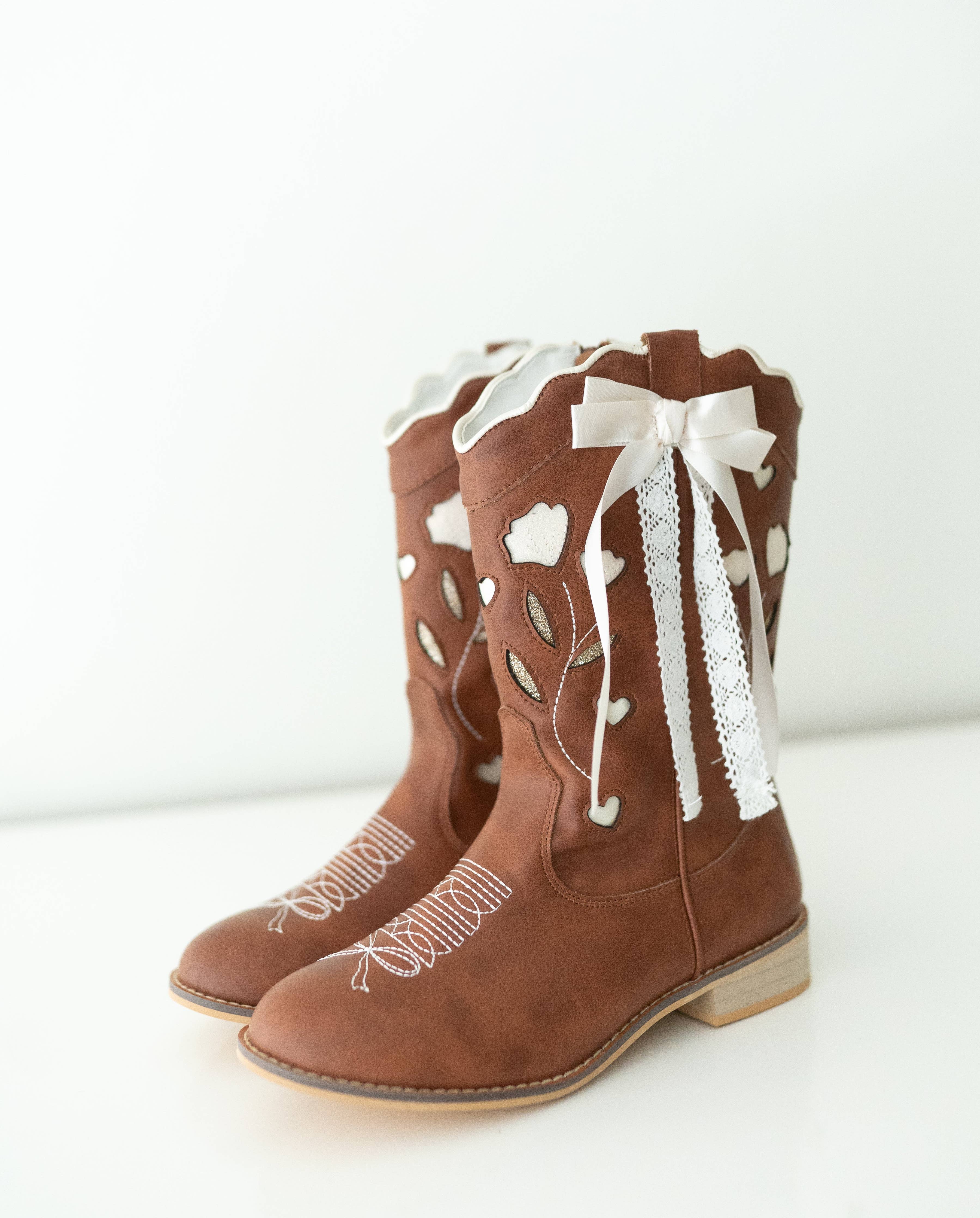 Sweetheart Bow Cowgirl Boots- Brown: 12 little kid