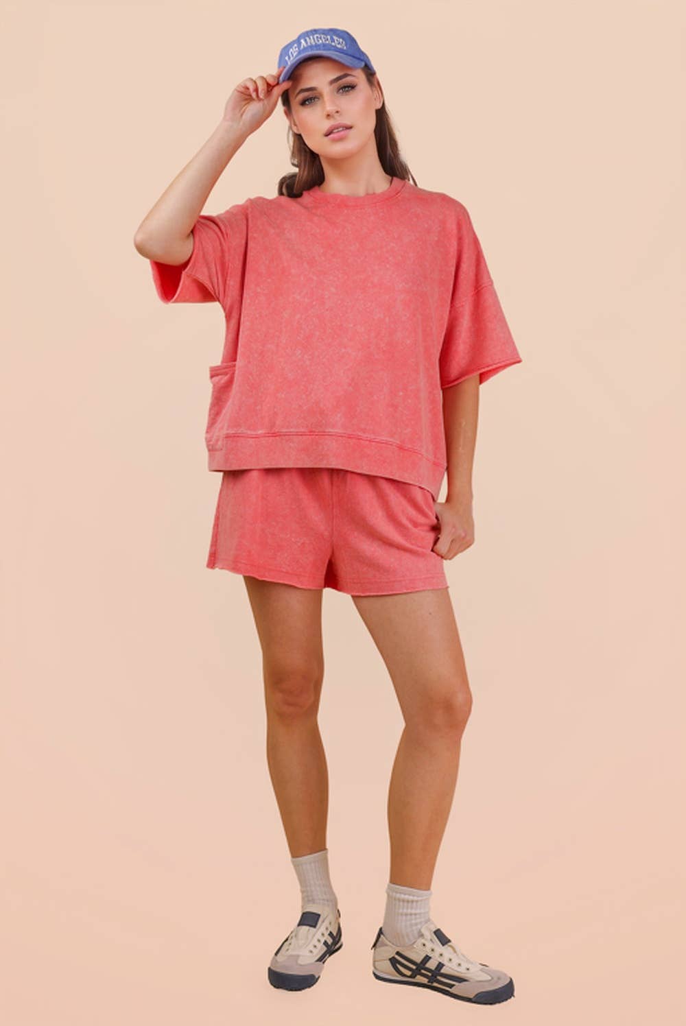 NT12429SET-Mineral Washed Knit Casual Top & Shorts: BEIGE / S-M-L/2-2-2
