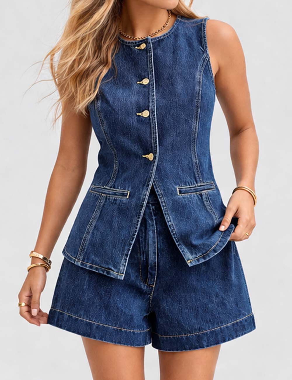 Ladies Sleeveless Button Front Denim Vest & Shorts Matching Set: Dark Blue