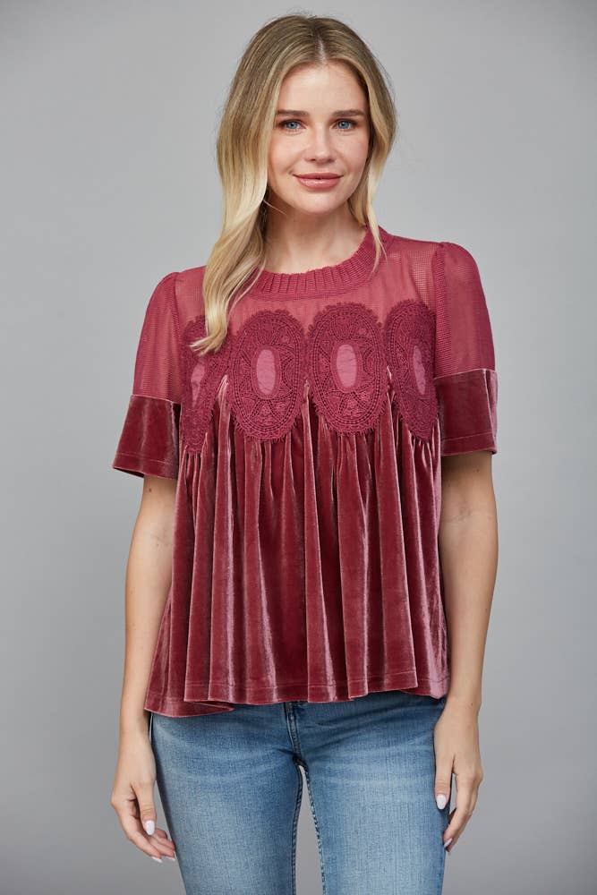 LACE DETAIL VELVET BABYDOLL TOP FT25474 : TEAL GREEN / M