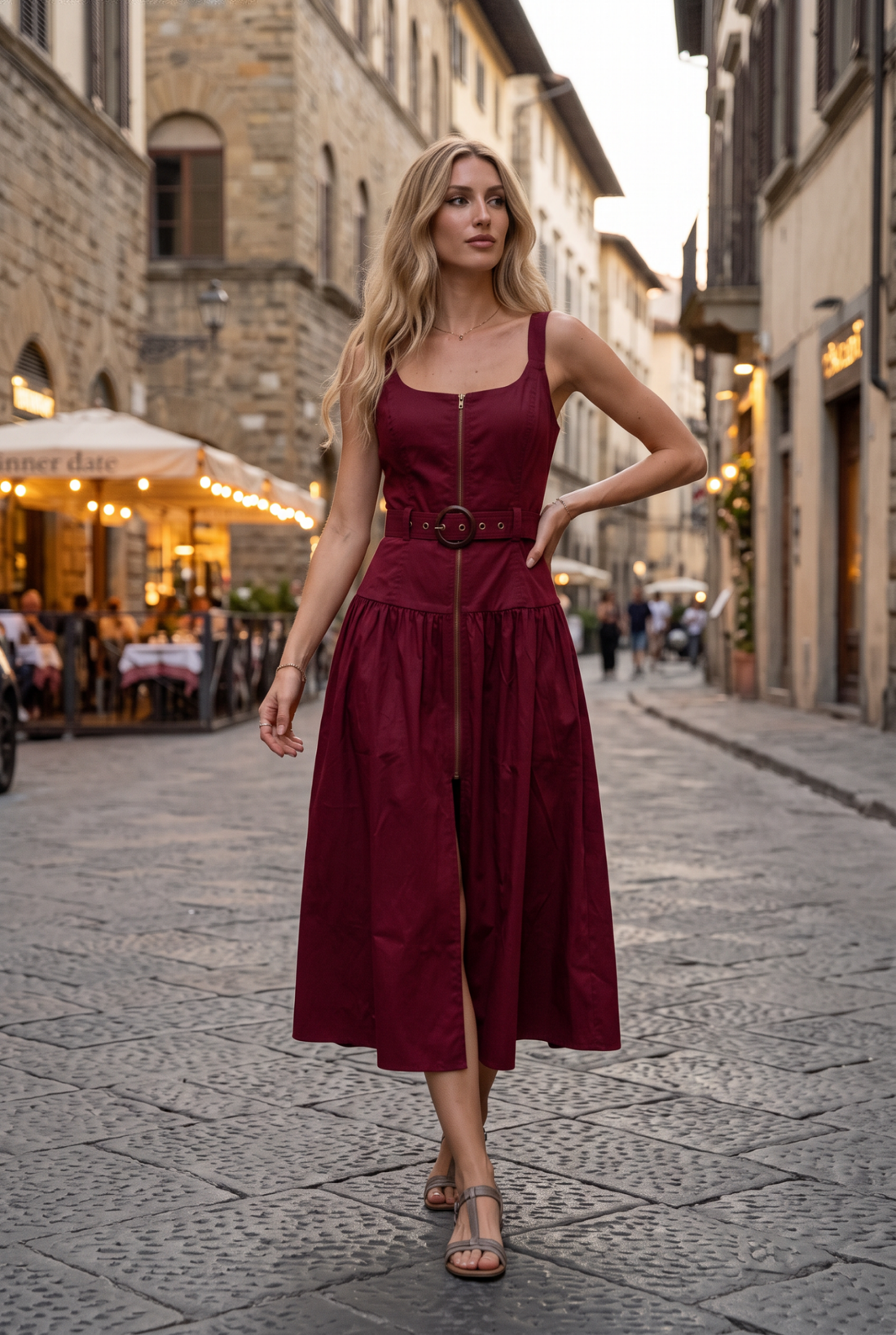 Belted Zip Front Midi Dress: RED MAHOGANY / M