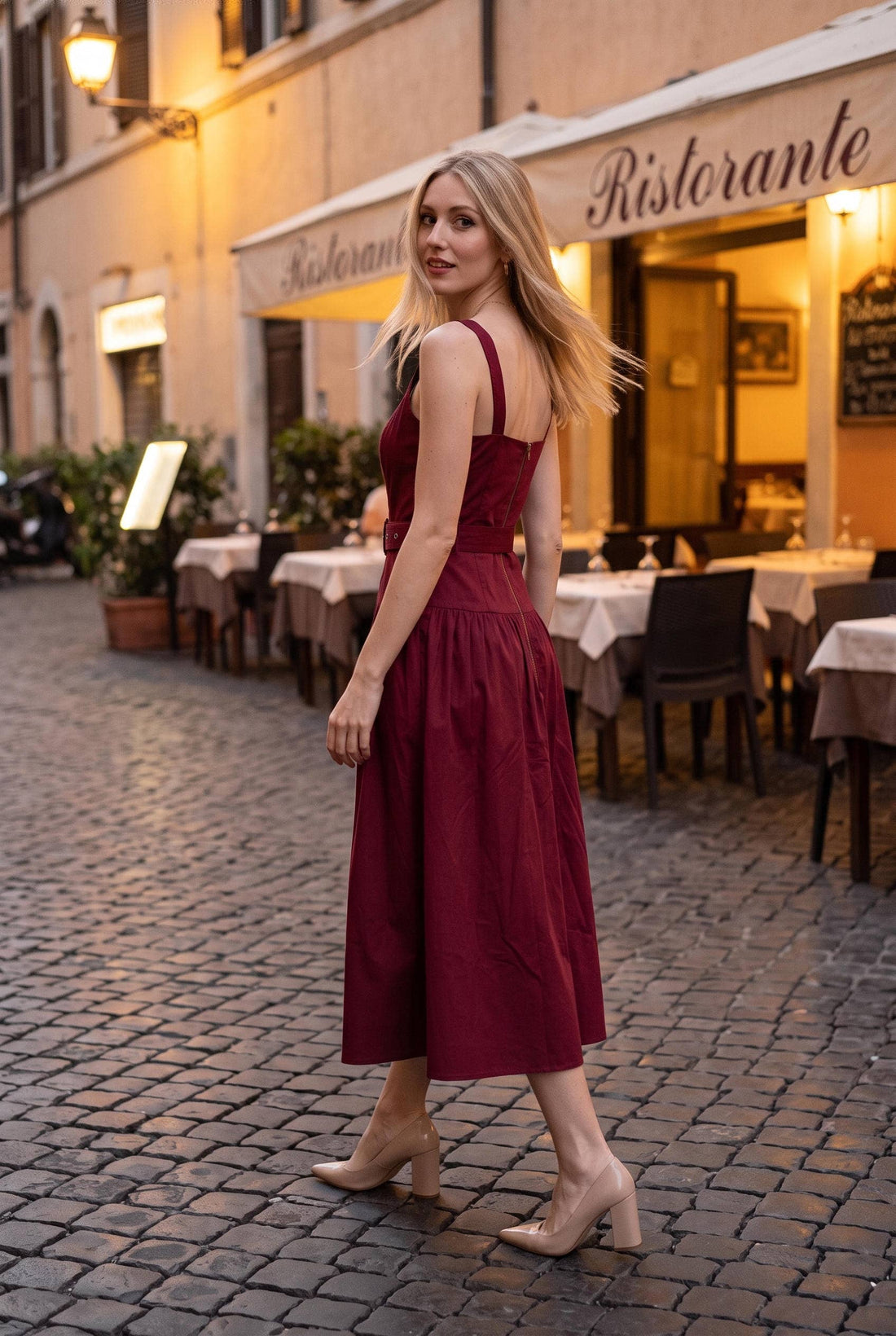 Belted Zip Front Midi Dress: RED MAHOGANY / S