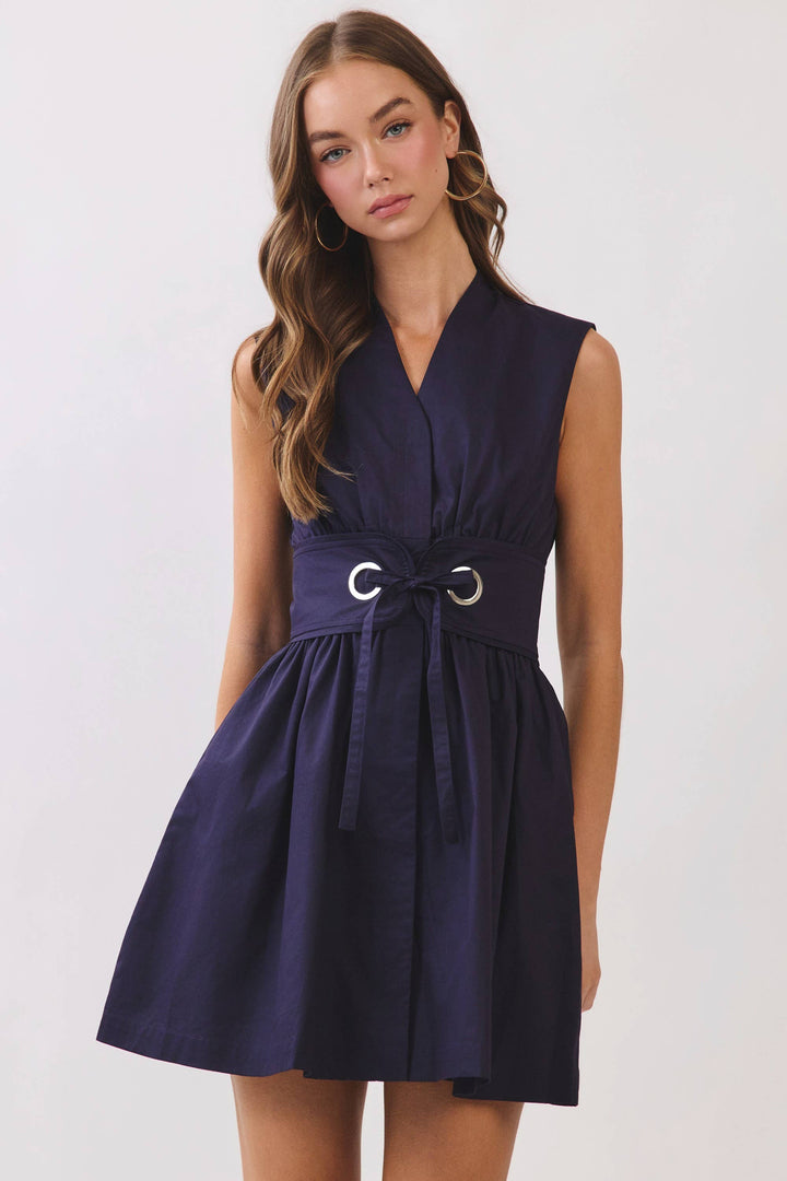 CD07317-Sleeveless Fit & Flare Waist Belt Mini Dress: CHOCOLATE / L