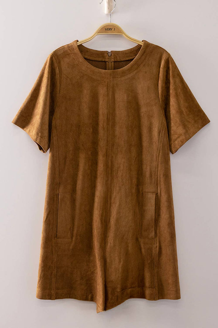 NP71107-Suede Short Sleeve Romper: CAMEL / S-M-L/2-2-2