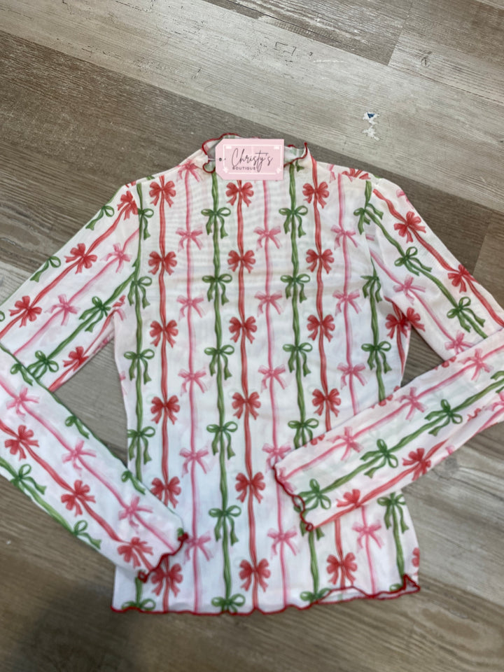 CHRISTMAS RIBBON MESH TOP