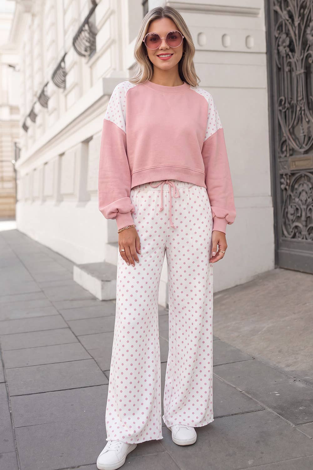 Polka Dot Print Patchwork Top 2pcs Pants Set  | S-4X: Khaki / L