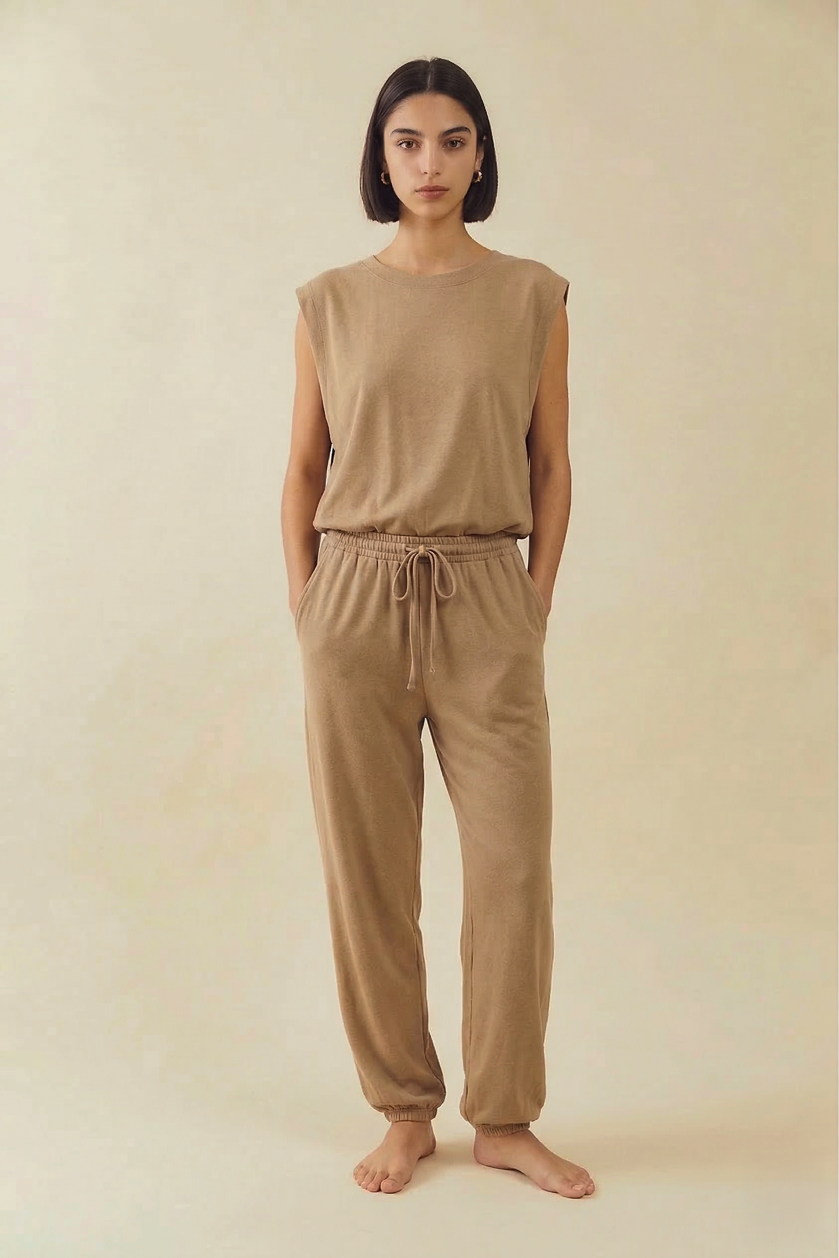 R5352 Waist Drawstring Open Back Jogger Jumpsuit: CHARCOAL / S-M-L (2-2-2)