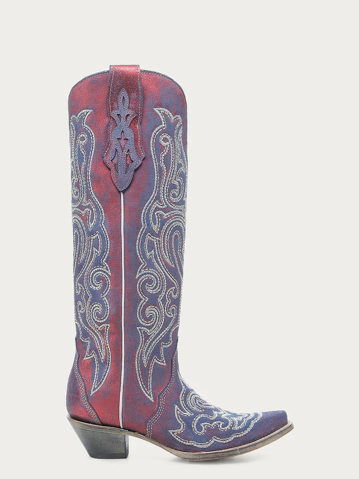 Side view of Corral A4772 women’s tall red cowboy boot with snip toe, chameleon effect leather, blue and white embroidery, and crystal accents