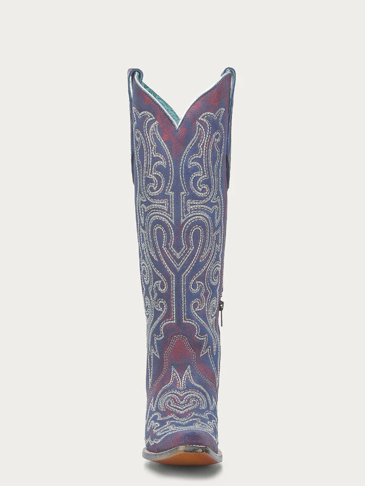 Front view of Corral A4772 women’s 16-inch red cowgirl boot with chameleon shimmer and detailed white and blue embroidery
