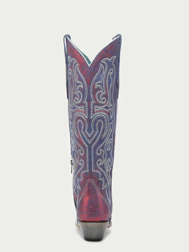 Back of Corral A4772 tall Western boot with red chameleon leather, crystal accents, and stacked heel for women