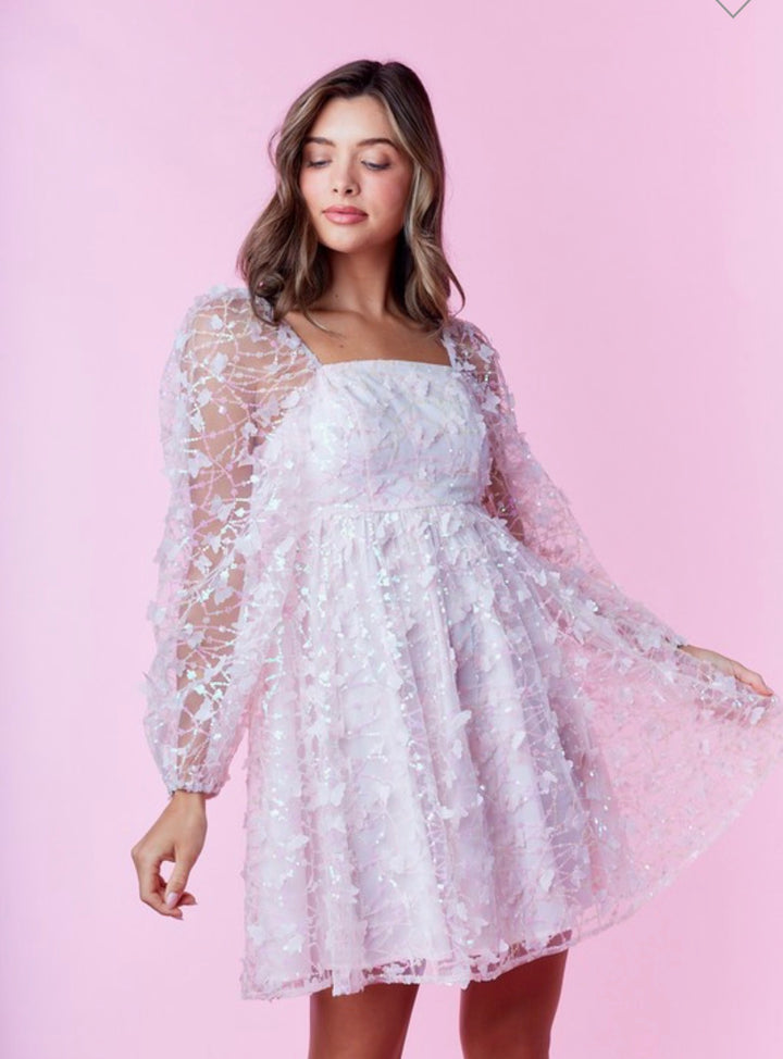 BUTTERFLY SEQUINS MESH BABYDOLL DRESS