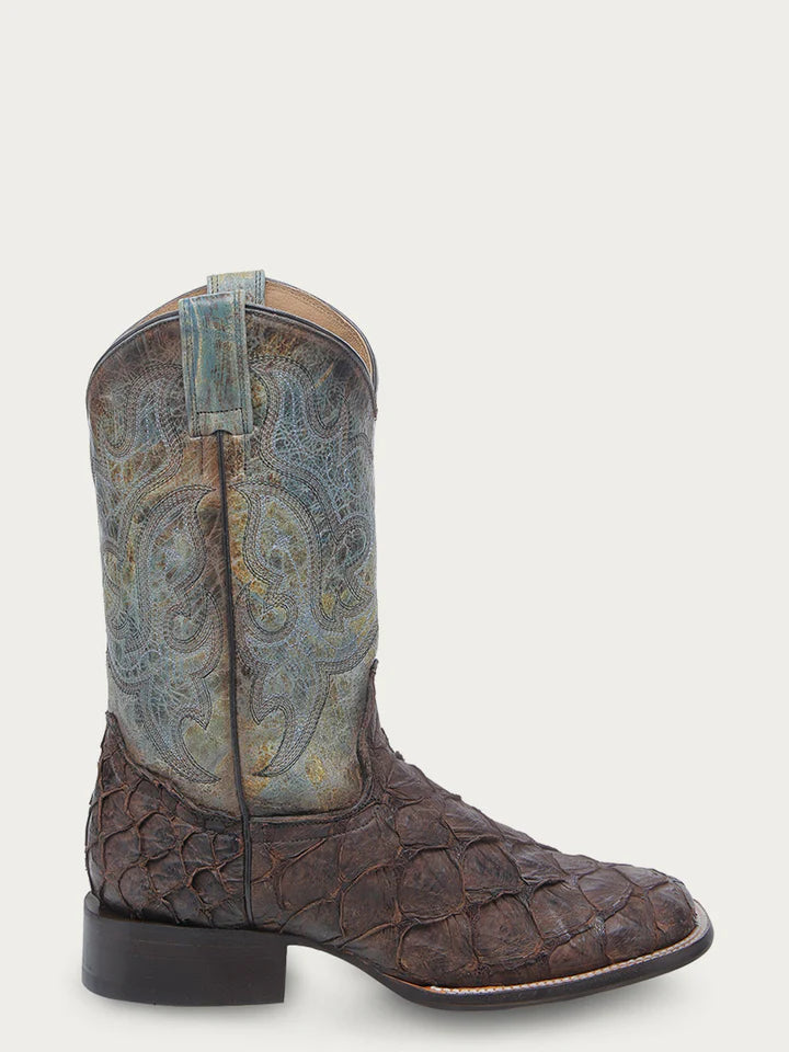 Side view of Corral B5023 men’s Pirarucu cowboy boots featuring genuine fish leather and embroidered faded turquoise shaft