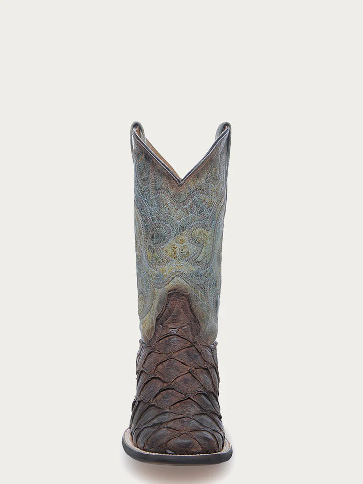Front shot of Corral B5023 men’s western boot with tobacco Pirarucu leather foot and faded turquoise stitched shaft