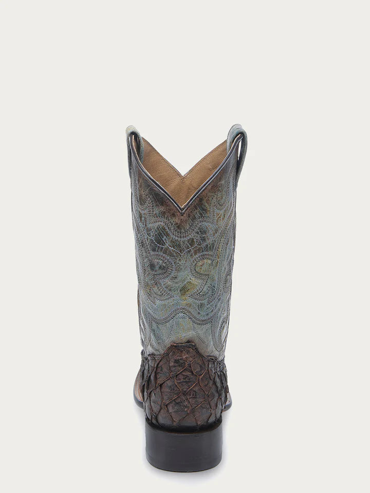 Back view of Corral B5023 exotic men’s cowboy boots with embroidered shaft and textured fish leather heel