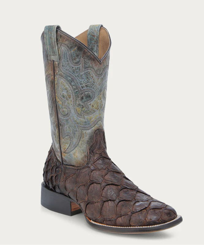 Men’s Corral B5023 cowboy boot in tobacco Pirarucu leather with faded turquoise shaft, wide square toe and exotic fish scale texture