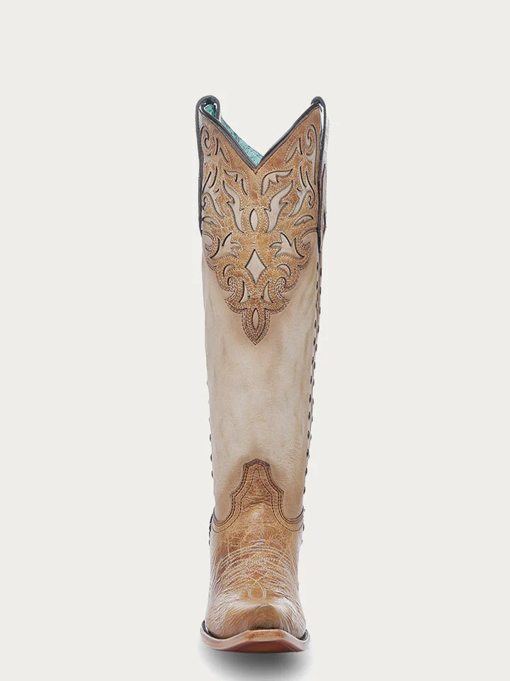 Front view of Corral C4218 tall women’s boot featuring studded embroidery, snip toe, and intricate leather detailing