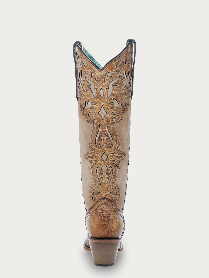 Rear view of Corral C4218 tall bone leather cowgirl boot with honey overlay design and 3-inch stacked Western heel