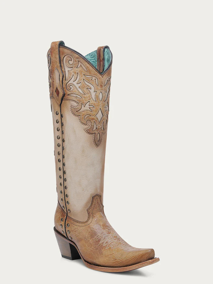 Angled shot of Corral C4218 cowgirl boot in bone cowhide with honey overlay, snip toe, and Western embroidery
