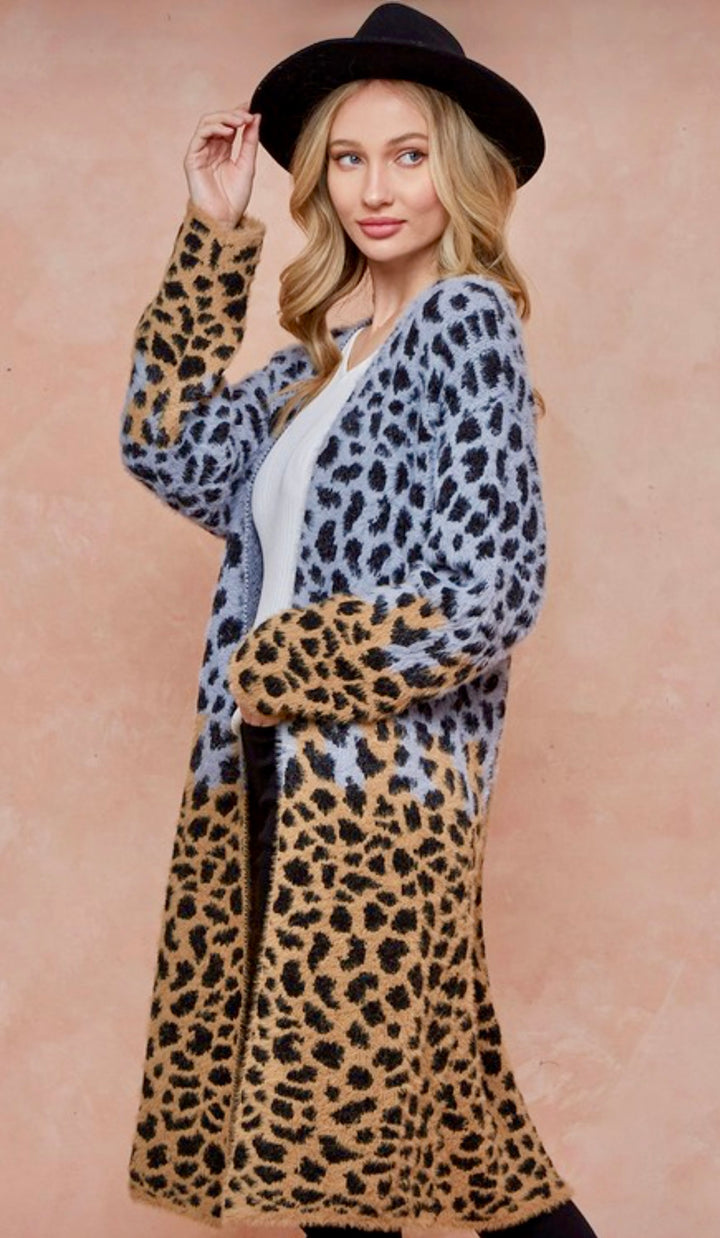 BLUE AND CAMEL CHEETA PRINT CARDIGAN