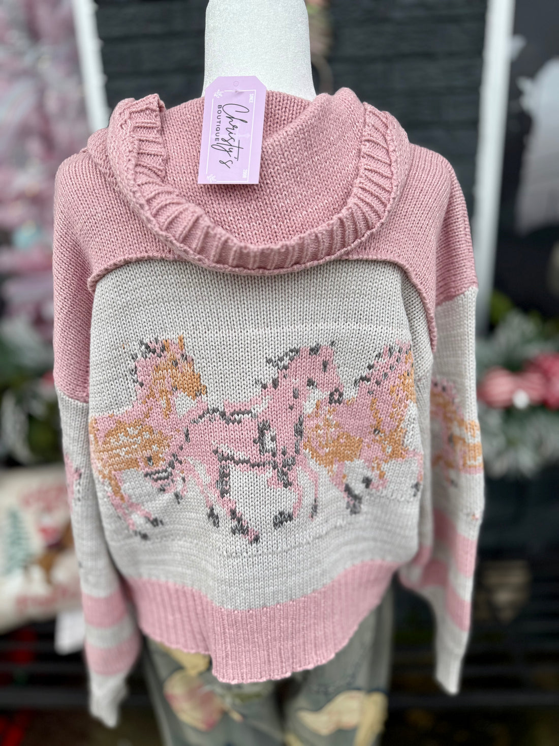 PINK SWEATER WITH HORSE PRINT