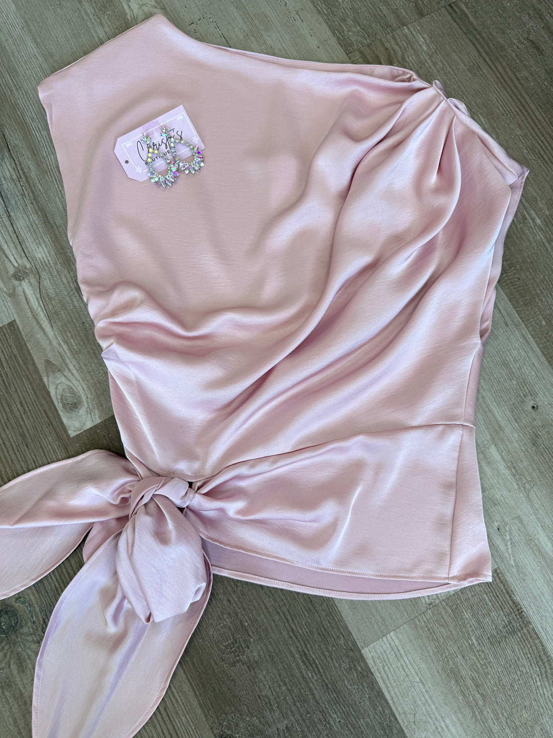 LIGHT PINK BOAT NECK WAIST TIE BLOUSE