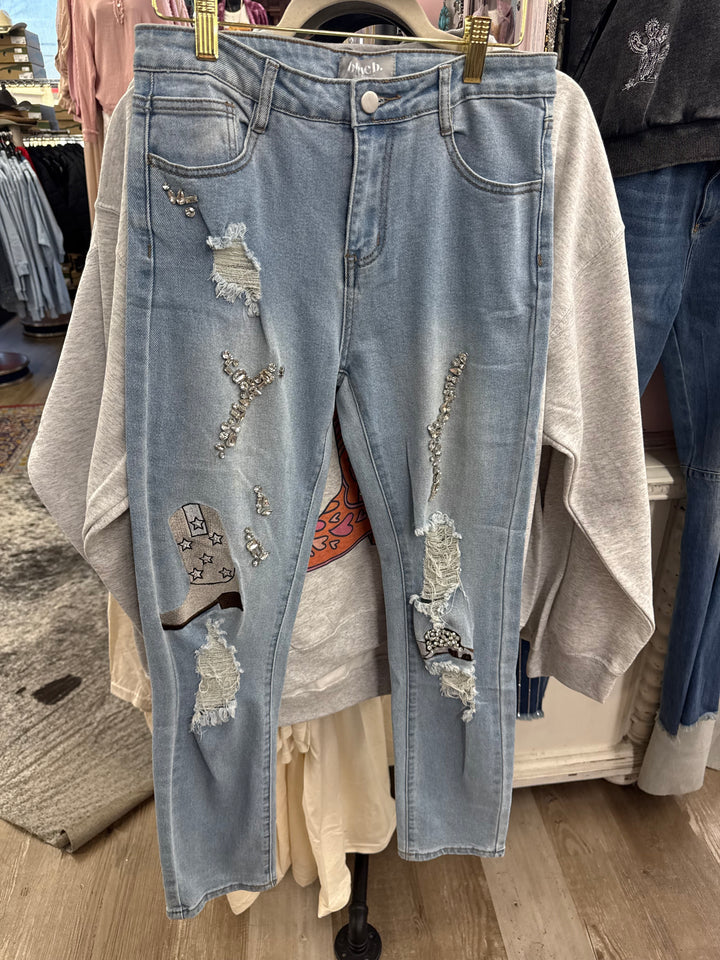 RHINESTONE WESTERN DETAIL JEAN 80019P