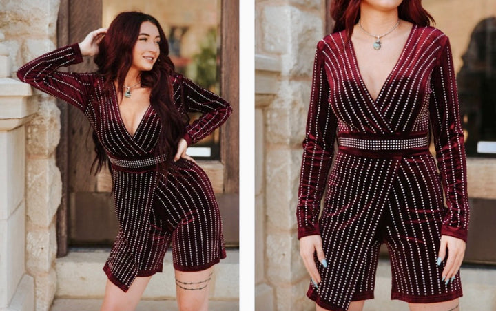 WINE VELVET RHINESTONE LONG SLEEVE ROMPER