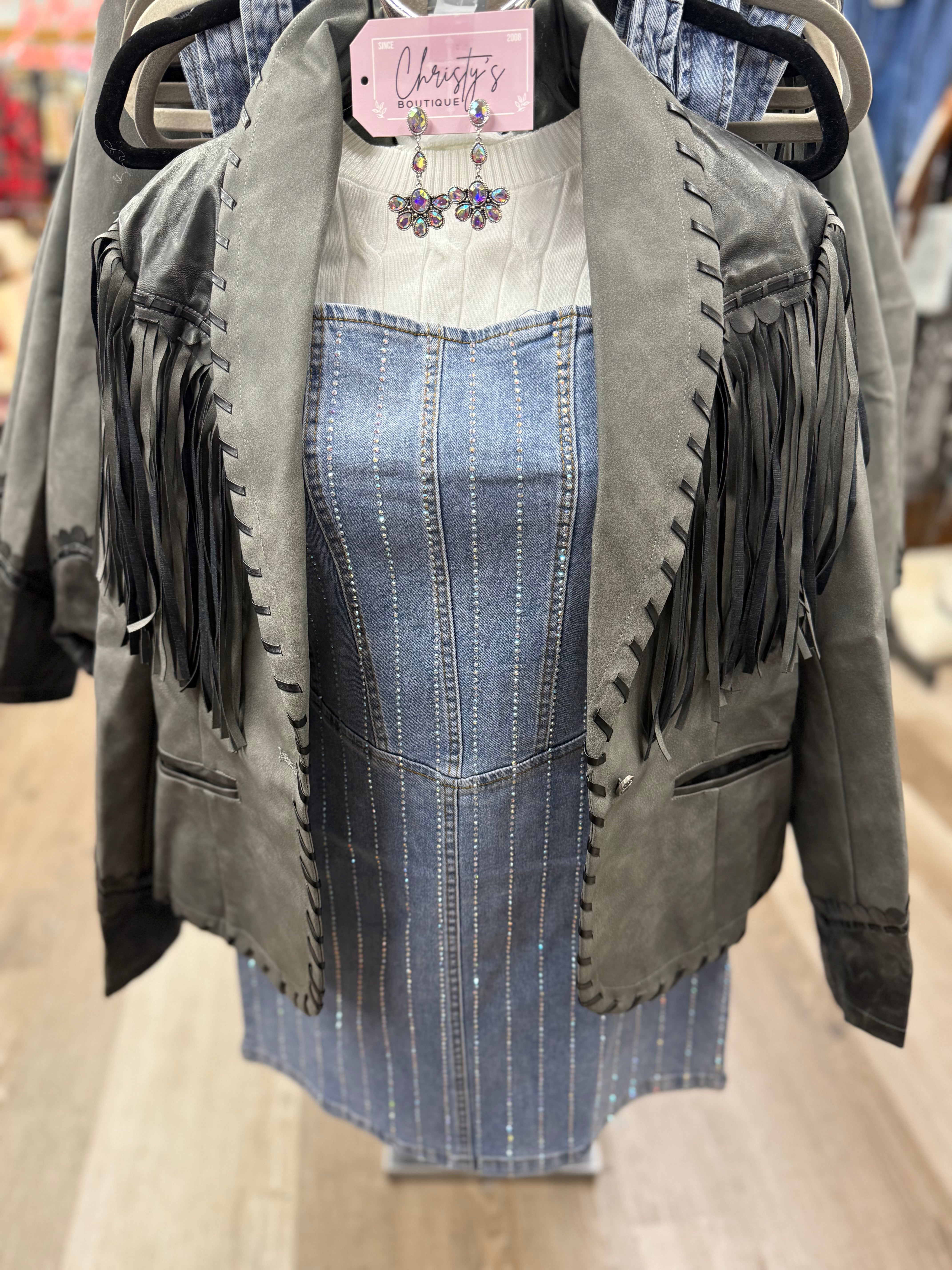 MID WASH DENIM RHINESTONE CORSET DRESS