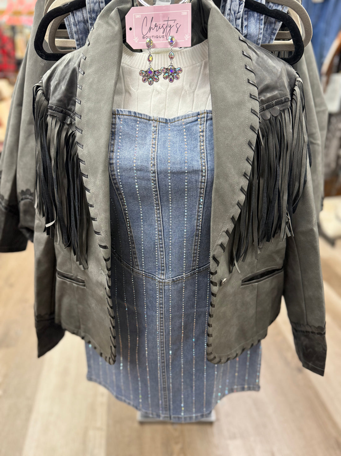 MID WASH DENIM RHINESTONE CORSET DRESS