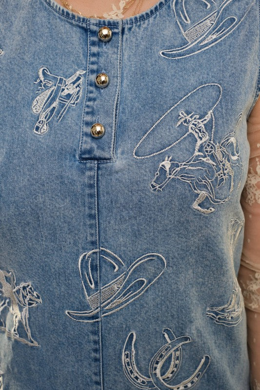 WESTERN EMBROIDERED DENIM MINI DRESS