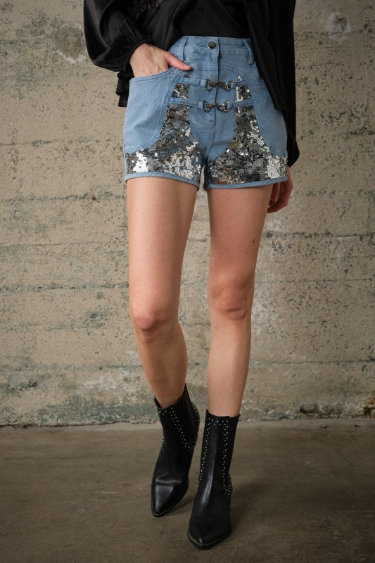 DENIM SHORTS WITH SEQUINS