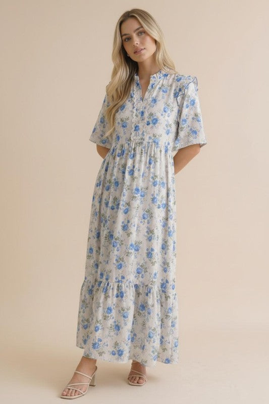 FRILLED NOTCH NECK FLORAL MAXI DRESS