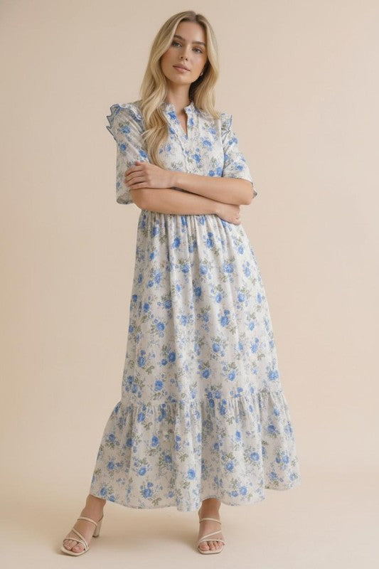 FRILLED NOTCH NECK FLORAL MAXI DRESS