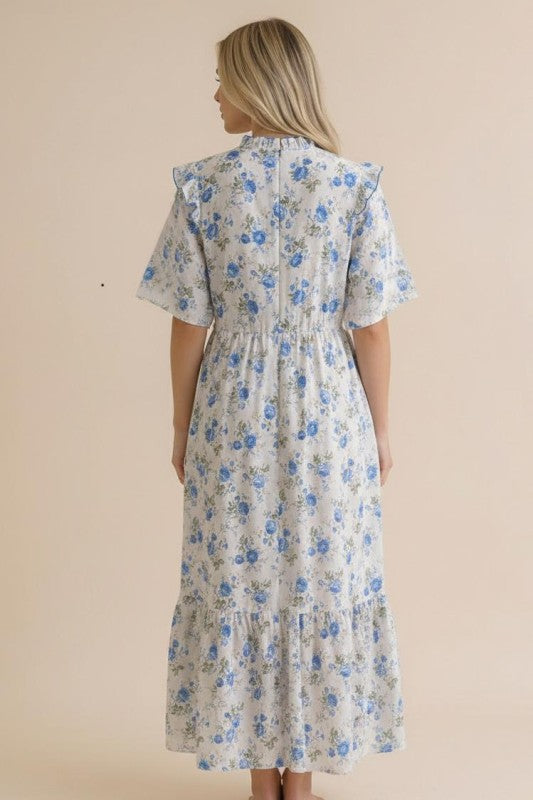 FRILLED NOTCH NECK FLORAL MAXI DRESS
