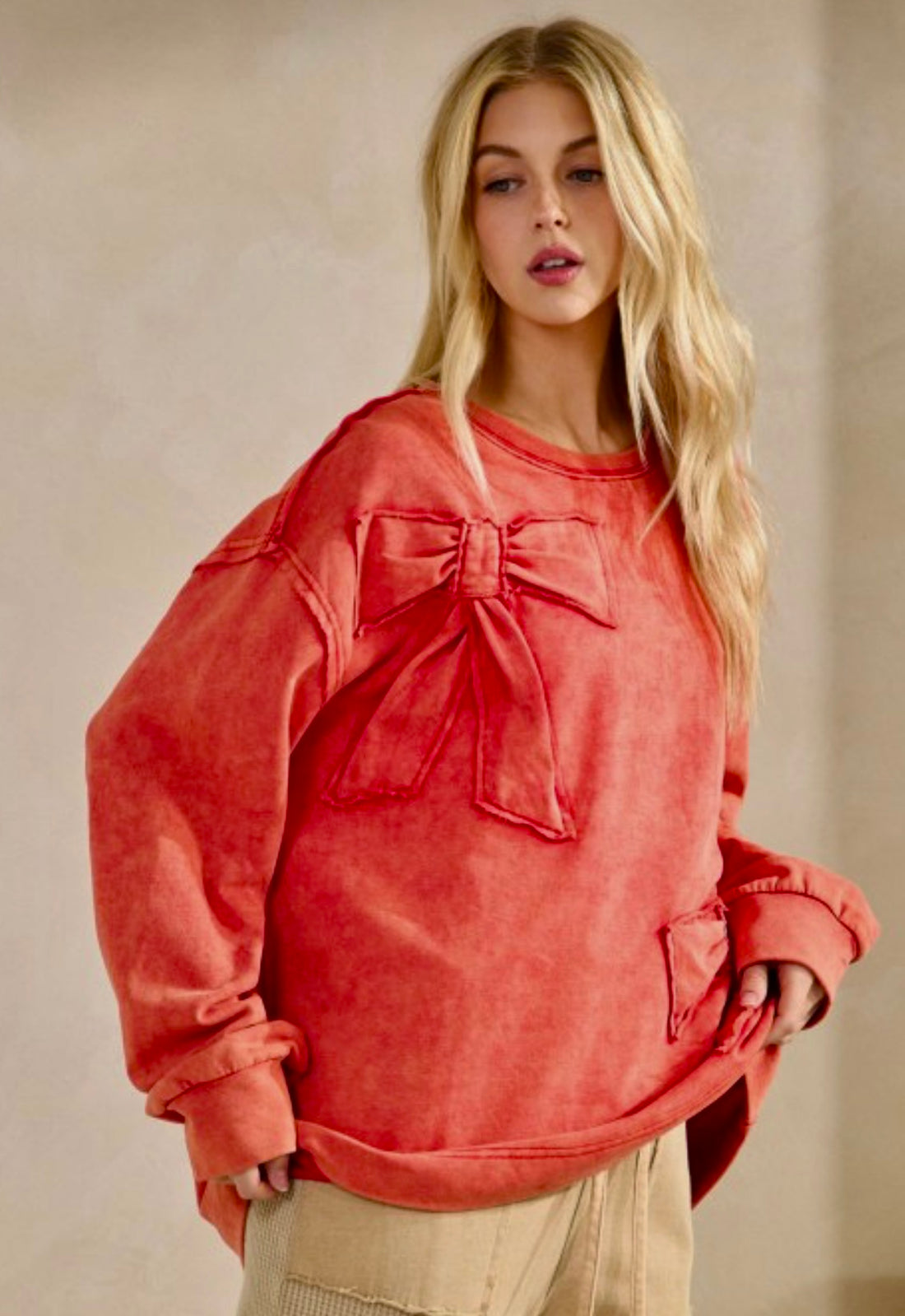 RED FRENCH TERRY BOW SWEATSHIRT