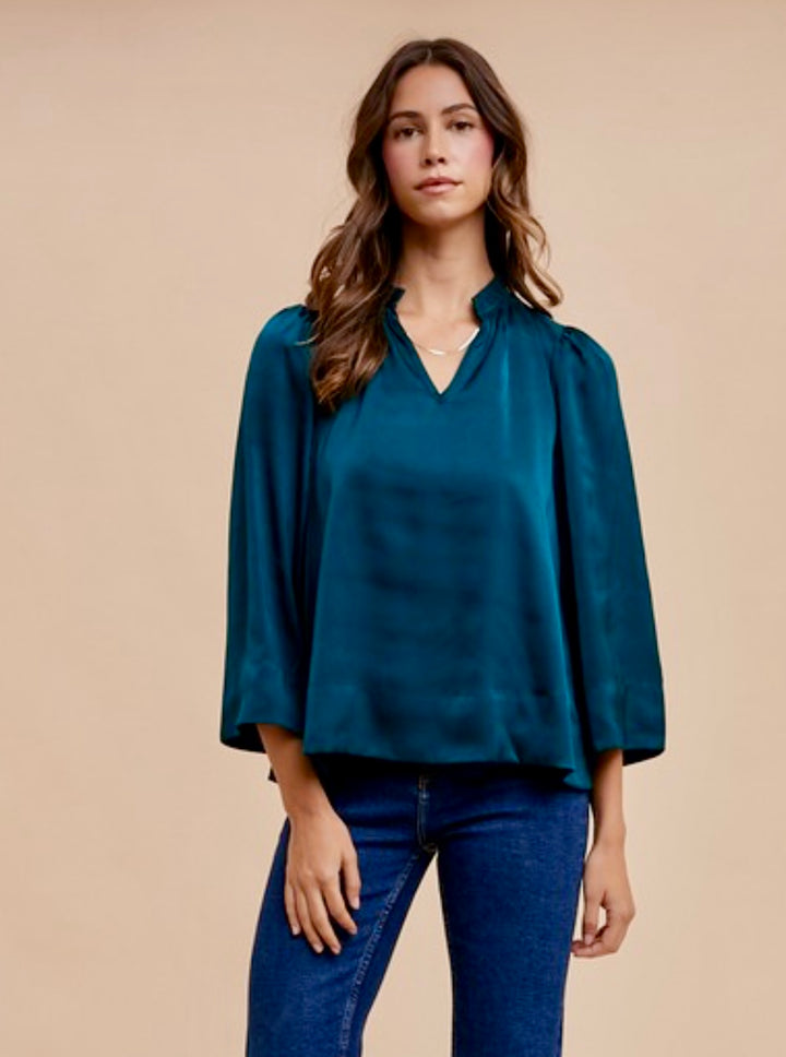 TEAL SATIN SLEEVE BLOUSE