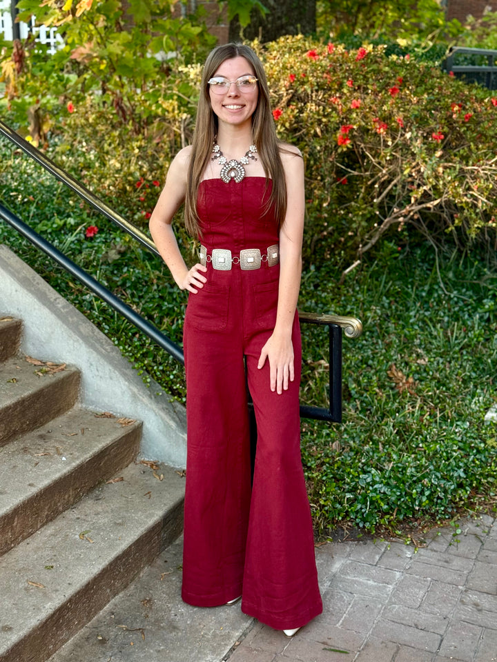 OFF SHOULDER DENIOM GARNET JUMPSUIT