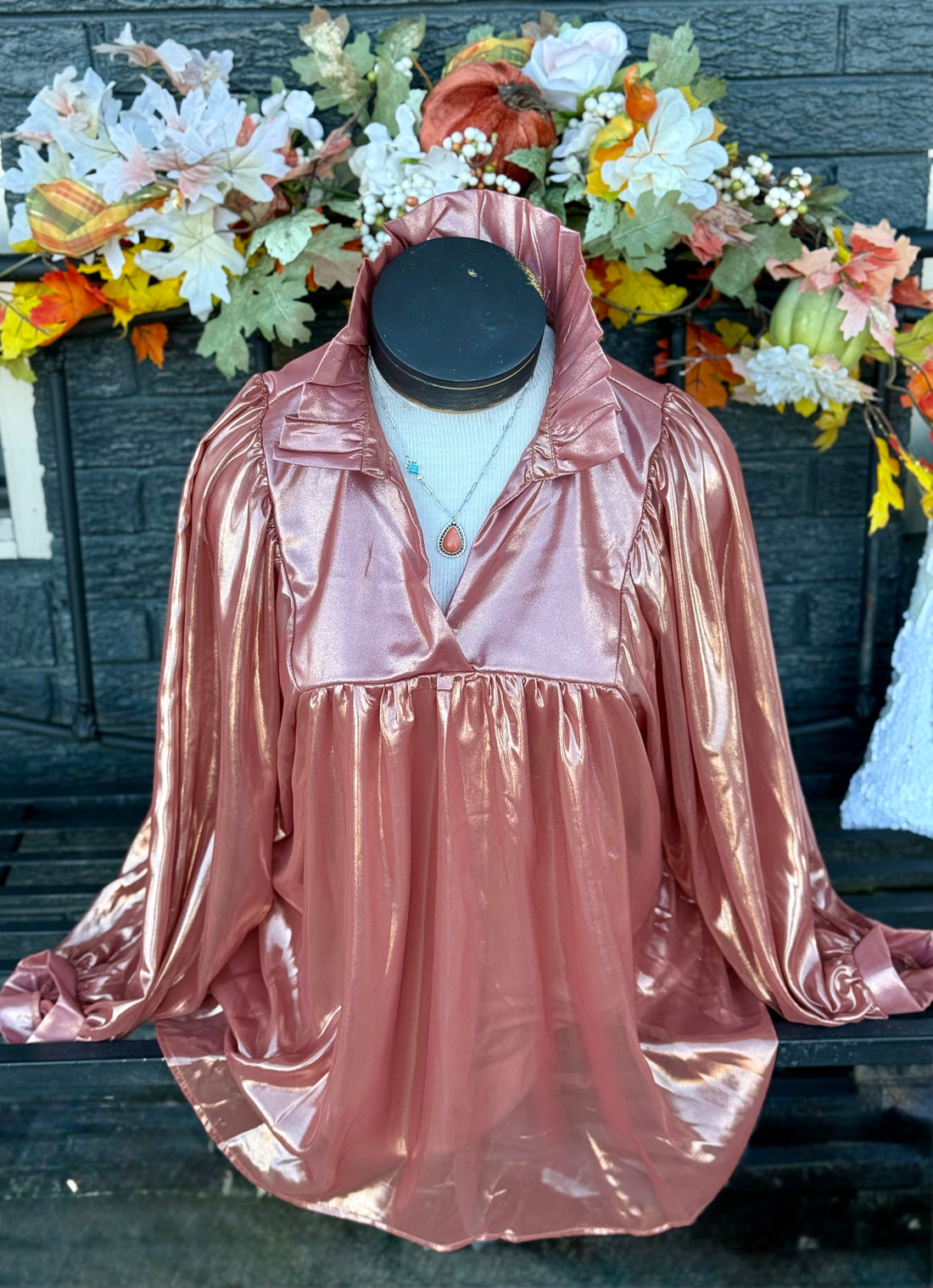 HIGH RUFFLE COLLAR V NECK TOP TERRACOTTA SHIMMER