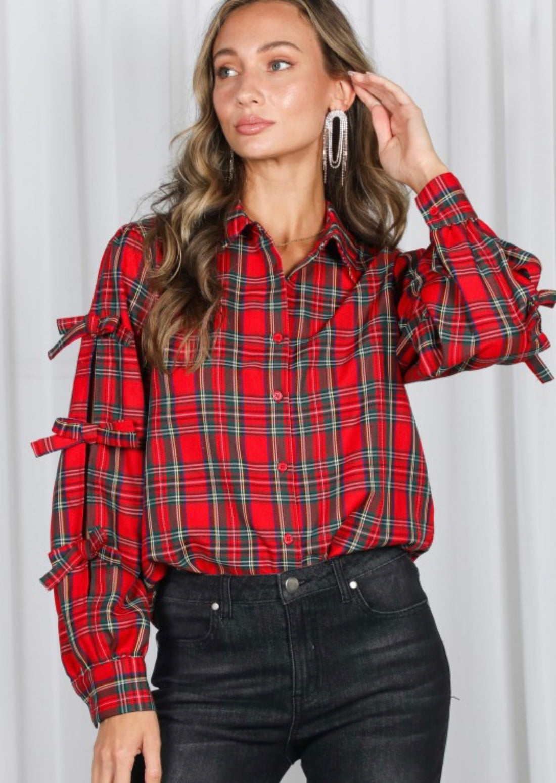 BOW SLEEVE PLAID SHIRT
