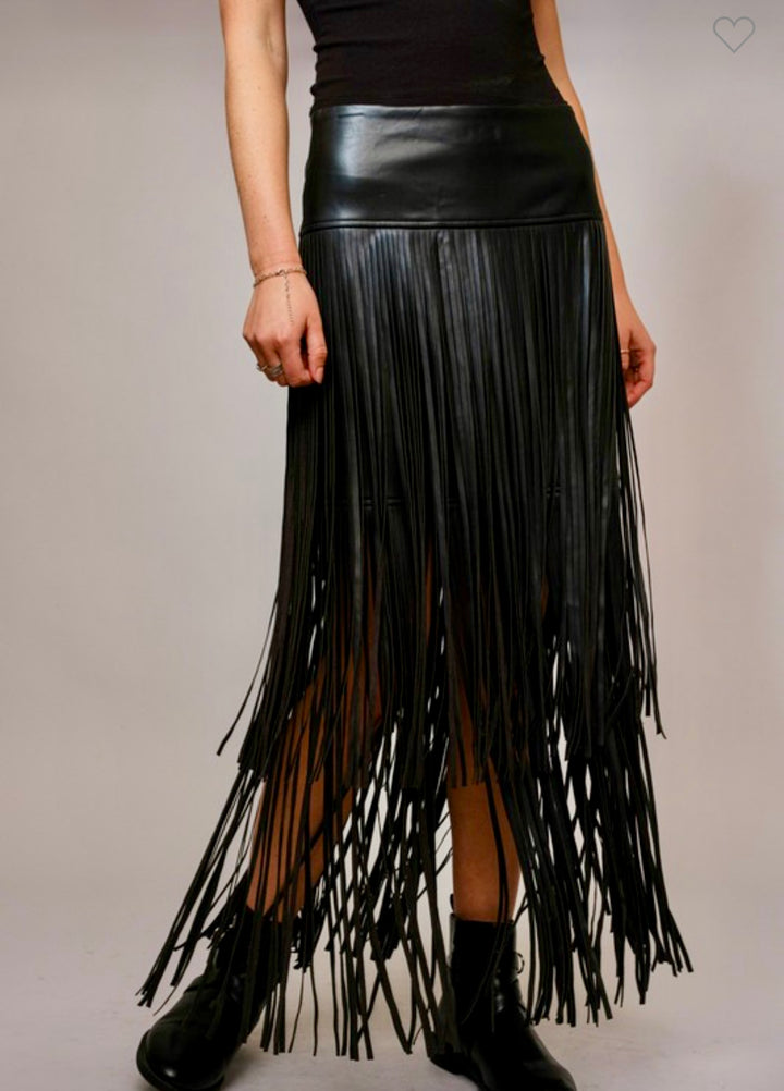 BLACK FAUX LEATHER FRINGE SKIRT
