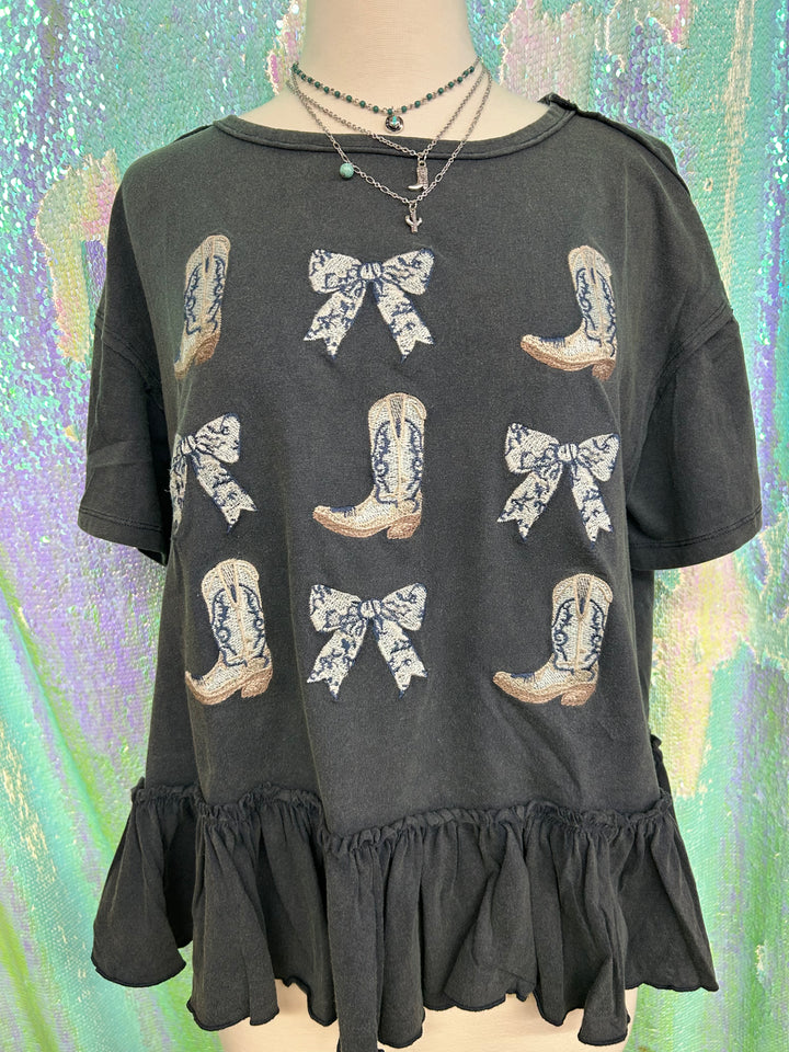 Boot & Bow Washed Black Ruffle Shirt