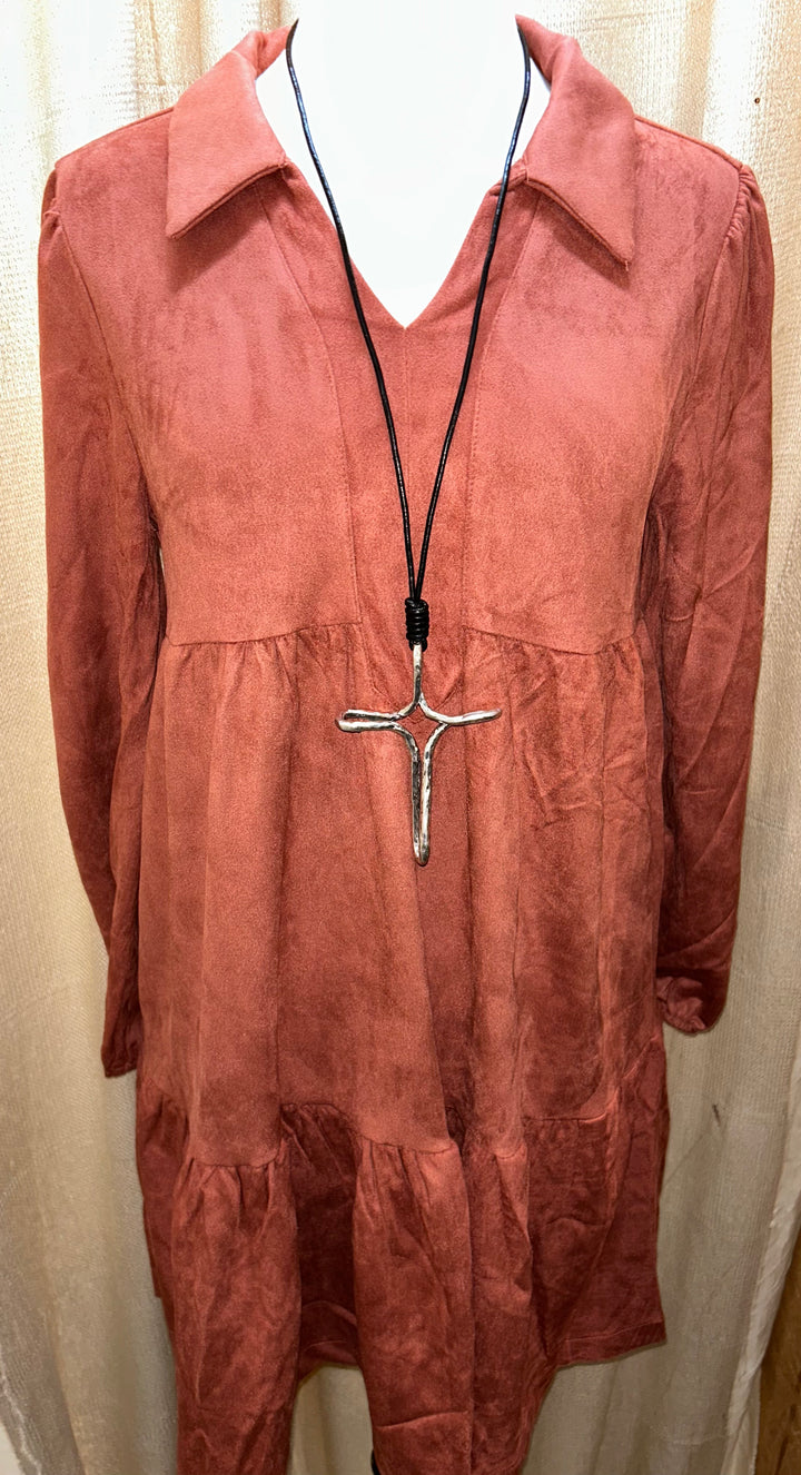 Long Sleeve Suede Dress – Rust