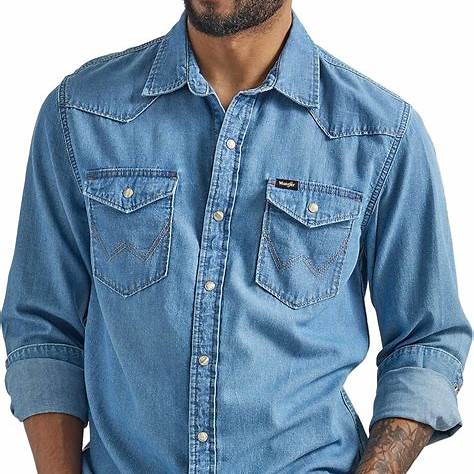 Wrangler® Classic Denim Western Snap Shirt – Mid Wash (112361701)