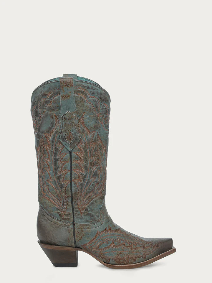 Side view of Corral Z5345 women’s distressed turquoise boot with bold orange embroidery and stacked Western heel