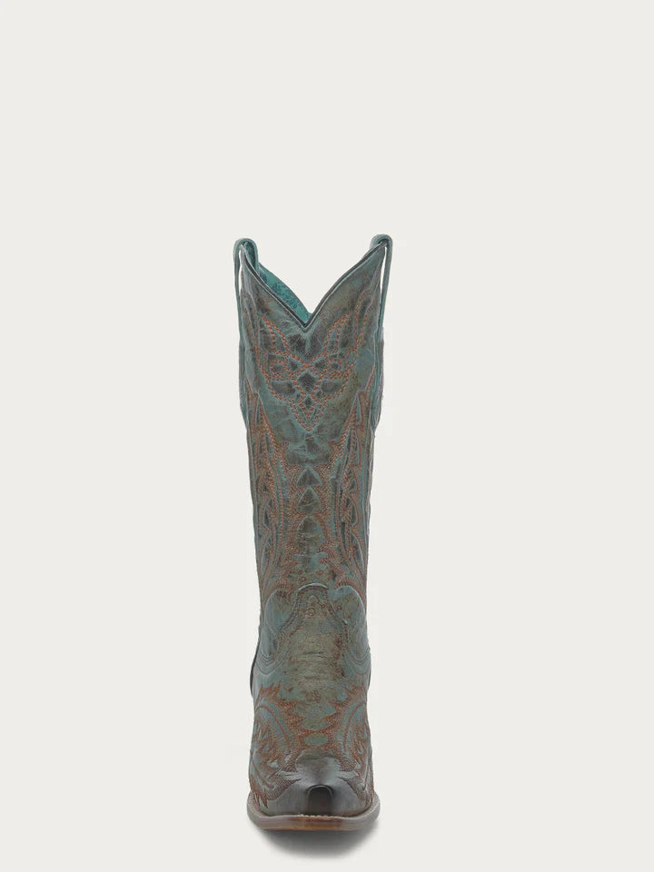 Front view of Corral Z5345 turquoise cowgirl boot featuring snip toe, vintage finish, and ornate Western stitching