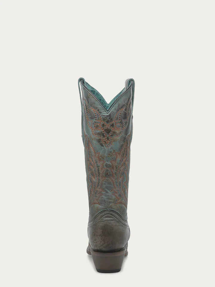 Back of Corral Z5345 women’s cowboy boot showing distressed turquoise leather and intricate embroidered shaft