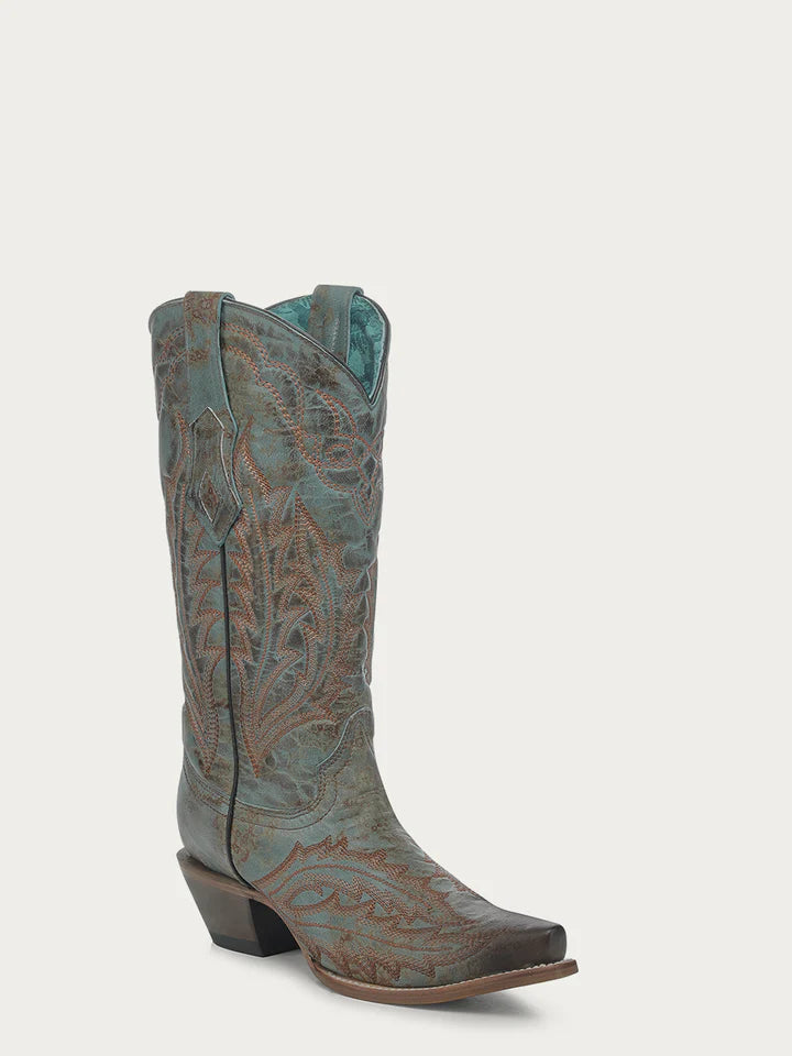 Women’s Corral Z5345 turquoise embroidered cowboy boot in distressed goat leather with snip toe and 13-inch shaft