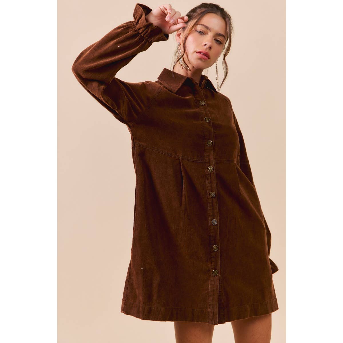 WASHED CORDUROY BUTTON DOWN SHIRT MINI DRESS: BROWN / S